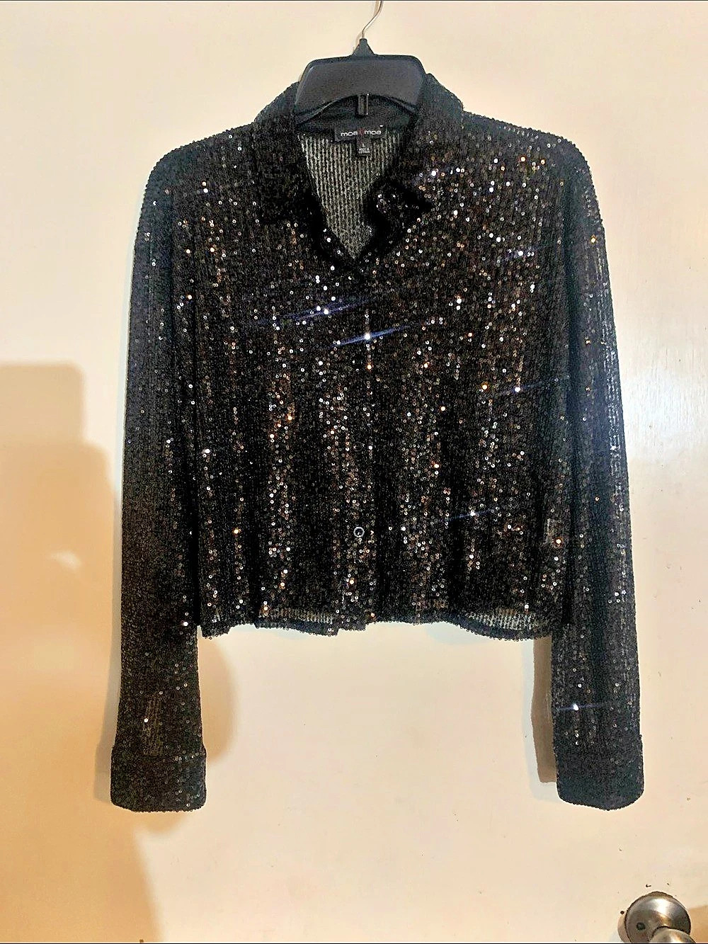 moa Sequin Button Up Long Sleeve Shirt Blouse Black Large